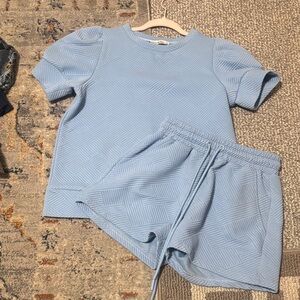 Textured Light Blue Short Sleeve Top & Drawstring Shorts Set